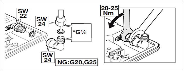 (Beyaz-Klingrit conta sıkma torku 20-25Nm olmalıdır) Doğalgaz Dirseği DİKKAT! GAZ KAÇAĞI RİSKİ!!! Kolektör rekorunu sıkarken ya da gevşetirken adaptörü mutlaka anahtar ile sıkıca sabitleyiniz.