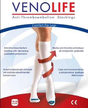 teknoloji tesislerde üretilmistir Dereceli kompresyon çorabı olan VenoLife, 100% basıncı bilekte başlatarak bacağın yukarısına doğru basıncı azaltarak venlerdeki kanın kalbe pompalanmasına yardımcı