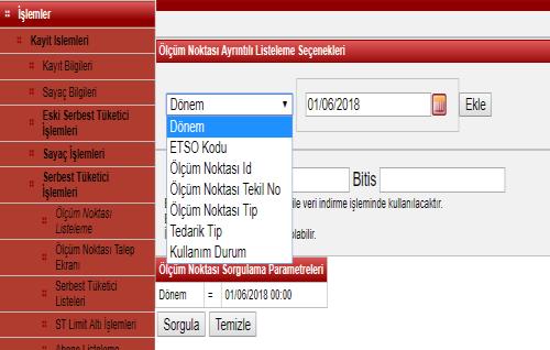 2 Ölçüm Noktası Kayıtlarının Listelenmesi ve İndirilmesi Sorgulama Parametreleri Girilerek Listeleme Yapılması Ölçüm noktası listeleme işlemi, ölçüm noktası listeleme ekranında yer sorgulama