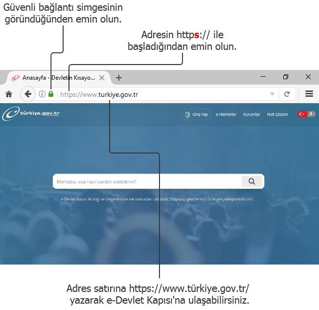 Bu aşamada adres satırında https://giris.turkiye.gov.tr yazdığından ve güvenli bağlantı simgesinin aktif olduğundan emin olununuz.