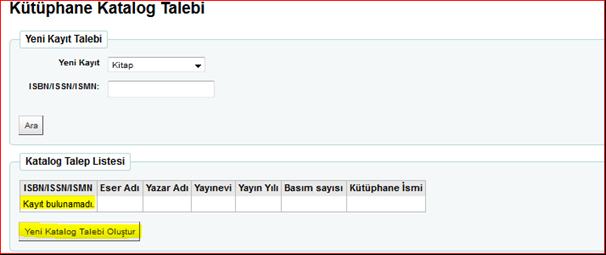 Aranan kayıt, katalog talepleri arasında yoksa, yeni talepte bulunmak üzere Yeni katalog oluştur başlığı tıklanır. Açılan marc şablonunda ISBN ilgili alana otomatik gelecektir.