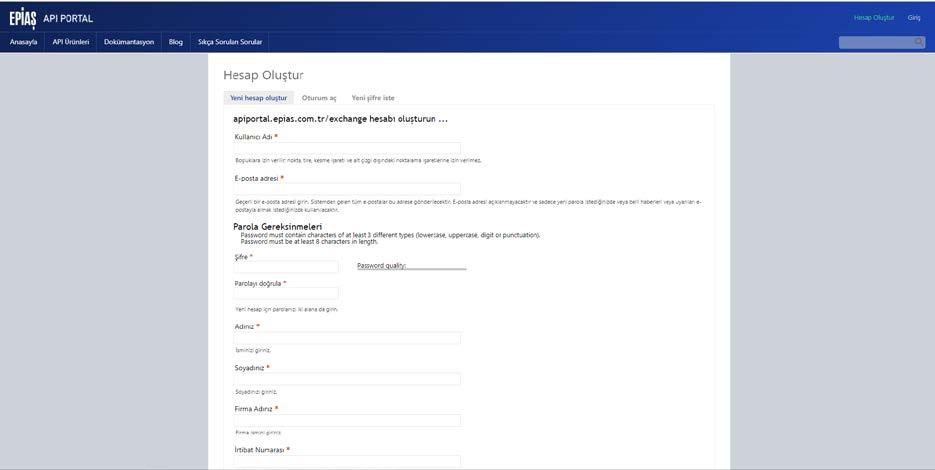 1 Aşağıda linki verilen EPİAŞ API PORTAL sayfasına giriş yaparak sağ üst köşede yer alan Hesap Oluştur linkine