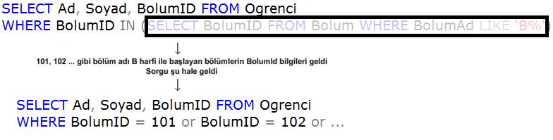 İç içe sorgular kullanarak bu tip işlemlerin aşama aşama yapılması sağlanır. Bir sorgulama işlemi, diğer sorgulama işleminin sonucunu kullanabilir.