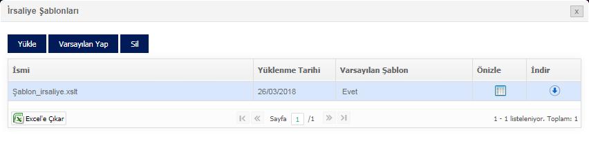 Yükle düğmesi için yeni bir irsaliye şablonu yüklenebilir. Varsayılan Yap düğmesi ile seçilen şablon varsayılan olarak tanımlanabilir.