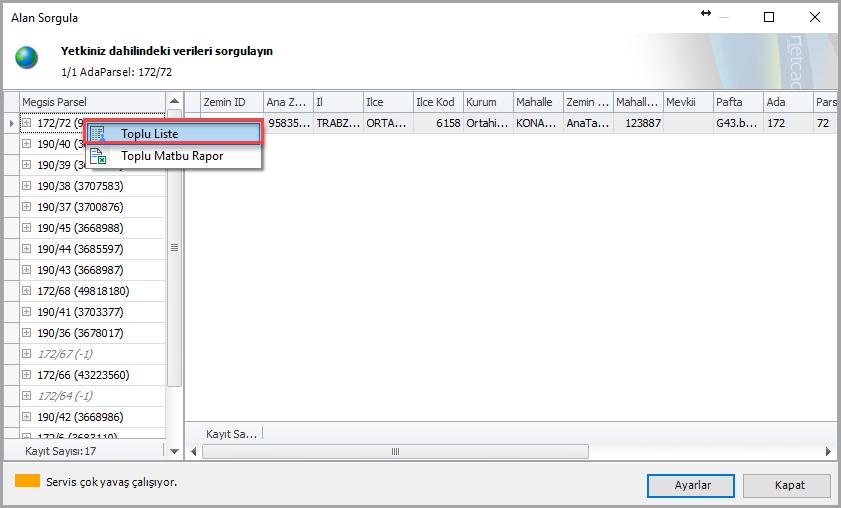 Şekil 31. Parsele Ait Toplu Malik Listesi Seçilen alan içerisindeki parsel bilgileri sorgu sonucu ekrana gelen pencerede listelenir.