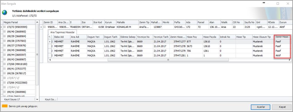 İlgili kayıt üzerinde veya toplu seçim yapılarak Toplu Liste butonuna basıldığında parsele ait toplu malik listesi elde edilir.