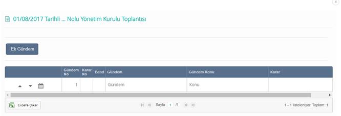 Gündem Ekranı Gündem No sistem üzerinden otomatik olarak ekrana gelecektir. Gündem ve Konu alanlarına gerekli açıklamalar girilerek Ekle butonu ile toplantıya gündem oluşturmuş oluruz.