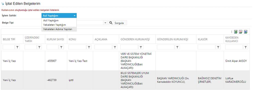 İptal Edilen Belgelerim Kullanıcının oluşturduğu, iptal edilen belgeleri listelenir.