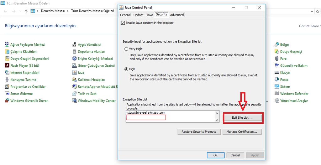 Güvenilen sitelere eklemek için (Edit Site List) tıklayınız.