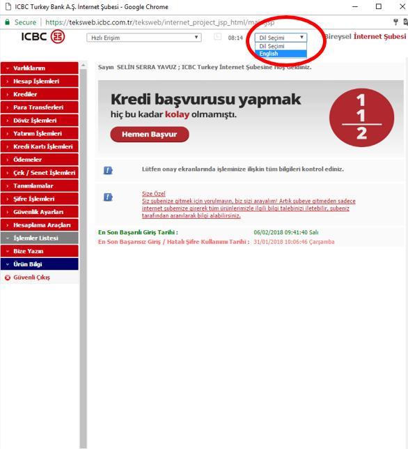 Kullanım tercihinizi güncelleyerek İnternet Şubede yer alan menülerin tamamına ulaşabilirsiniz.