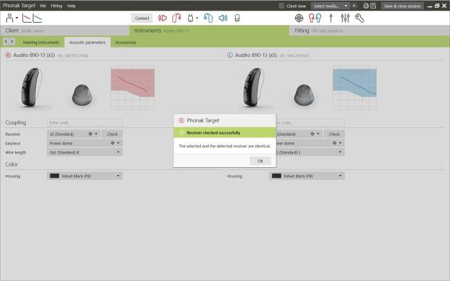 Receiver kontrolü (harici xreceiver) Phonak Target, cihazlar ilk bağlandığında Audéo B cihazlarına takılı receiverın [Akustik parametreler] ekranda seçilenle uyumlu olup olmadığı kontrol eder.