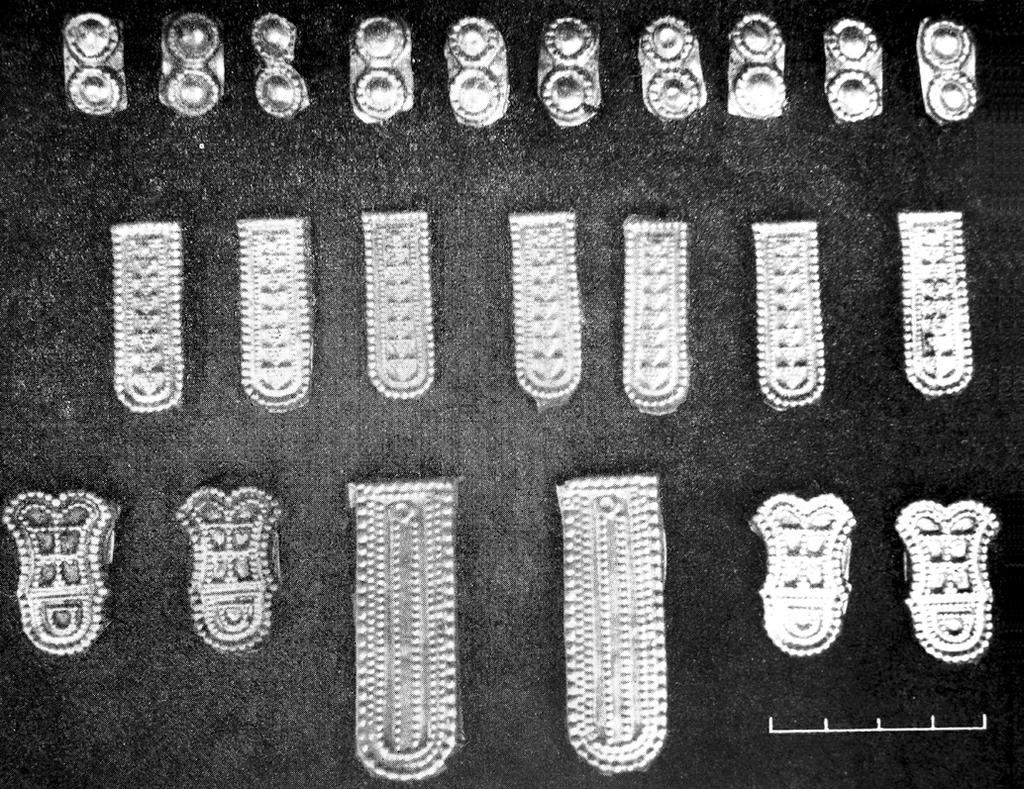Arkeoloji Kemer takımının altın kaplamaları 7. Boyun çemberi. İskeletin boynunda. Altın sarmal çubuktan; 8. Ayakkabı. Baldırın yanında; Deriden, gümüş toka ve plaklar; 9. Sikke.