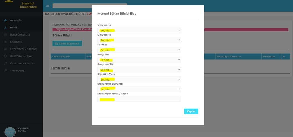 Ekran Görüntüsü 13: Eğitim Bilgisi Alanı Lisans Bilgisinin Manuel Eklenmesi 1.2.