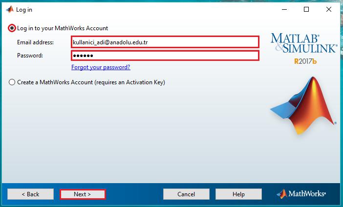 16- Log in to your Mathworks account kısmında Anadolu Üniversitesi Mail adresinizi ve