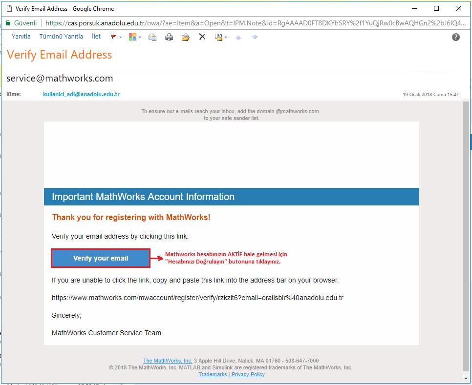 5- Mathworks ten gelen doğrulama mailini açın ve Mathworks