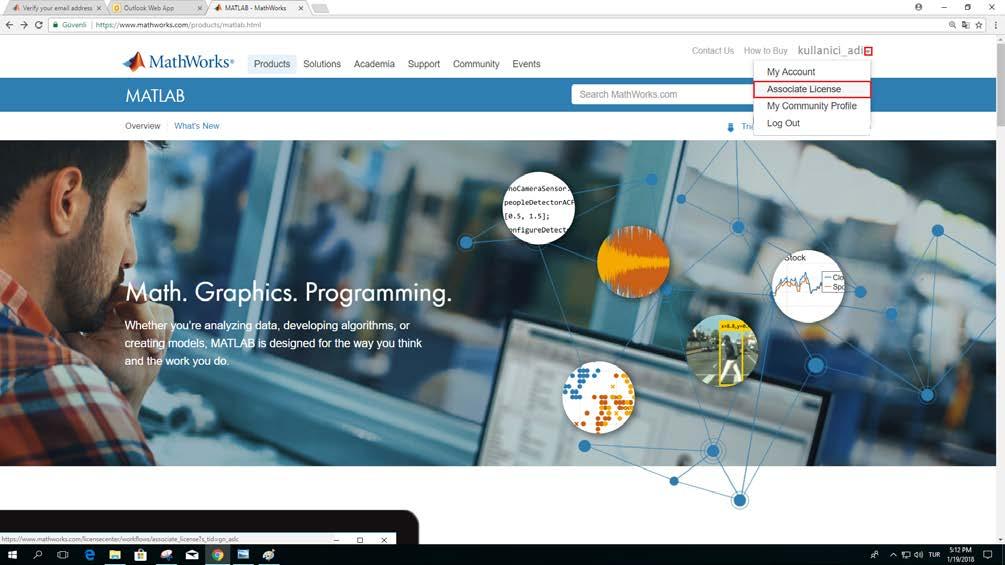 9- MATLAB sayfası açıldıktan sonra sağ üstte Adınızın yanındaki aşağı yönlü