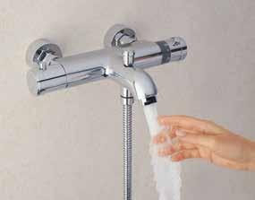Thermostatic faucets Thermostatic bathtub and shower mixers save water by eliminating the need to adjust hot and cold water until the desired temperature is achieved, ensuring