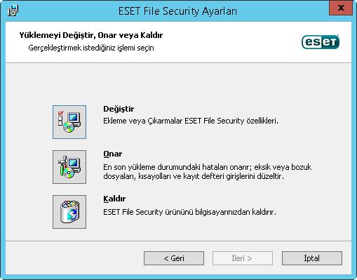 msi yükleyici paketini çalıştırın veya Programlar ve Özellikler'e gidin (Windows Kontrol Paneli'nden erişilebilir). ESET File Security ürününü sağ tıklatıp Değiştir'i seçin.