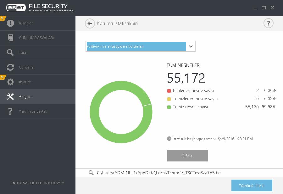 7.6.3 Koruma istatistikleri ESET File Security ürününün koruma modülleriyle ilgili istatistik veri grafiğini görüntülemek için, Araçlar > Koruma istatistikleri'ni tıklatın.