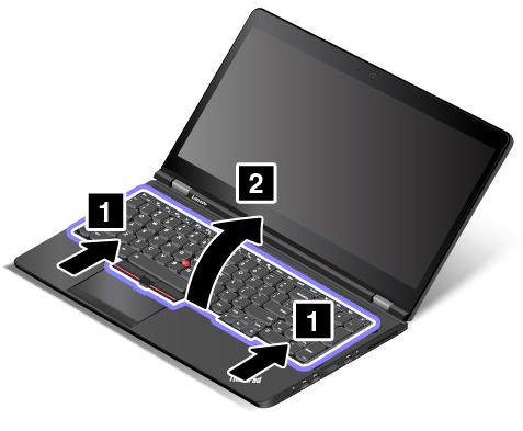 5. Bilgisayarı ters çevirin ve ekranı açın. Klavyenin çerçevesindeki mandalları açmak için, klavyeyi oklarla gösterilen yöne doğru 1 yavaşça itin.