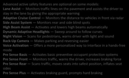 ACTIVE SAFETY Advanced active safety features are optional on some models: Lane Assist Monitors traffic lines on the pavement and assists the driver to stay in the lane by giving the appropriate