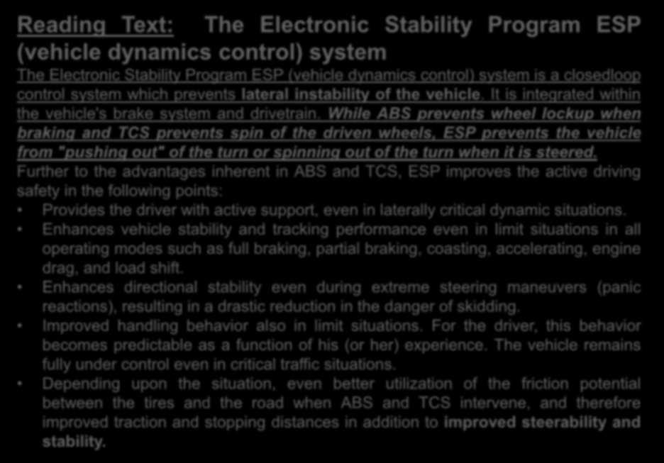 Reading Text: The Electronic Stability Program ESP (vehicle dynamics control) system The Electronic Stability Program ESP (vehicle dynamics control) system is a closedloop control system which