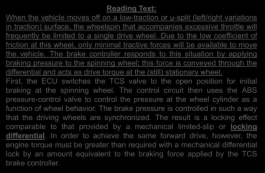 Reading Text: When the vehicle moves off on a low-traction or µ-split (left/right variations in traction) surface, the wheelspin that accompanies excessive throttle will frequently be limited to a