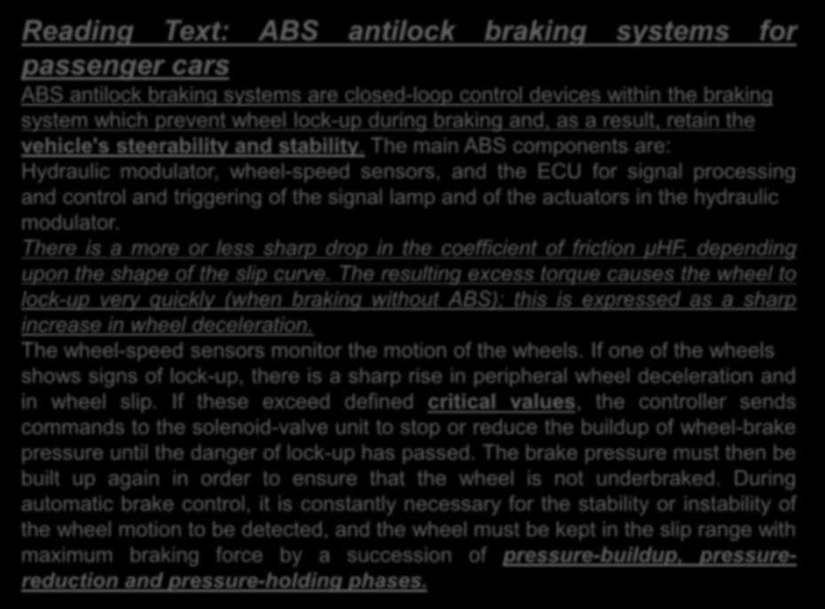 Reading Text: ABS antilock braking systems for passenger cars ABS antilock braking systems are closed-loop control devices within the braking system which prevent wheel lock-up during braking and, as
