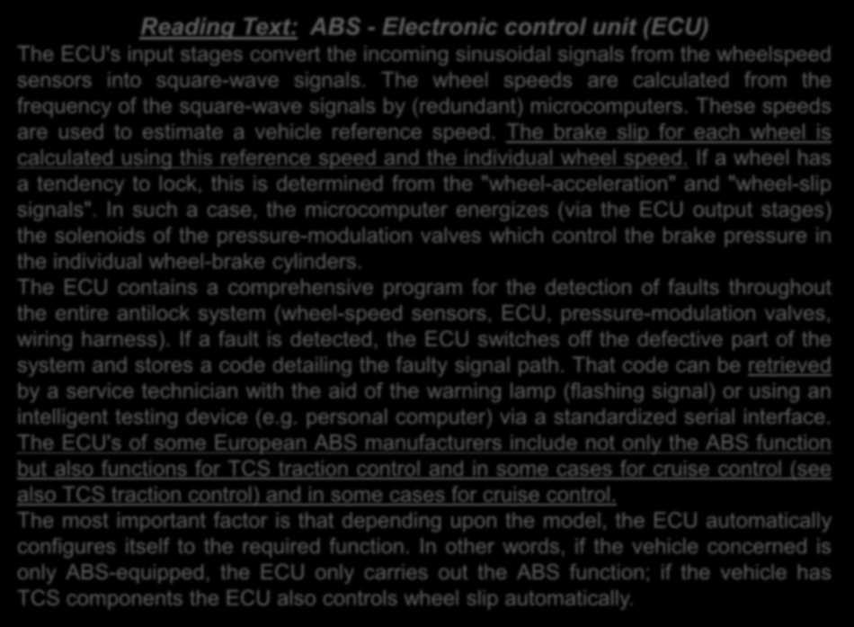 Reading Text: ABS - Electronic control unit (ECU) The ECU's input stages convert the incoming sinusoidal signals from the wheelspeed sensors into square-wave signals.
