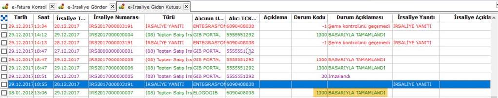 Sayfa : 27 / 35 Gönderimi yapılan e-irsaliye nin Durum Kodu Giden İrsaliyeler ekranından takip edilebilir.