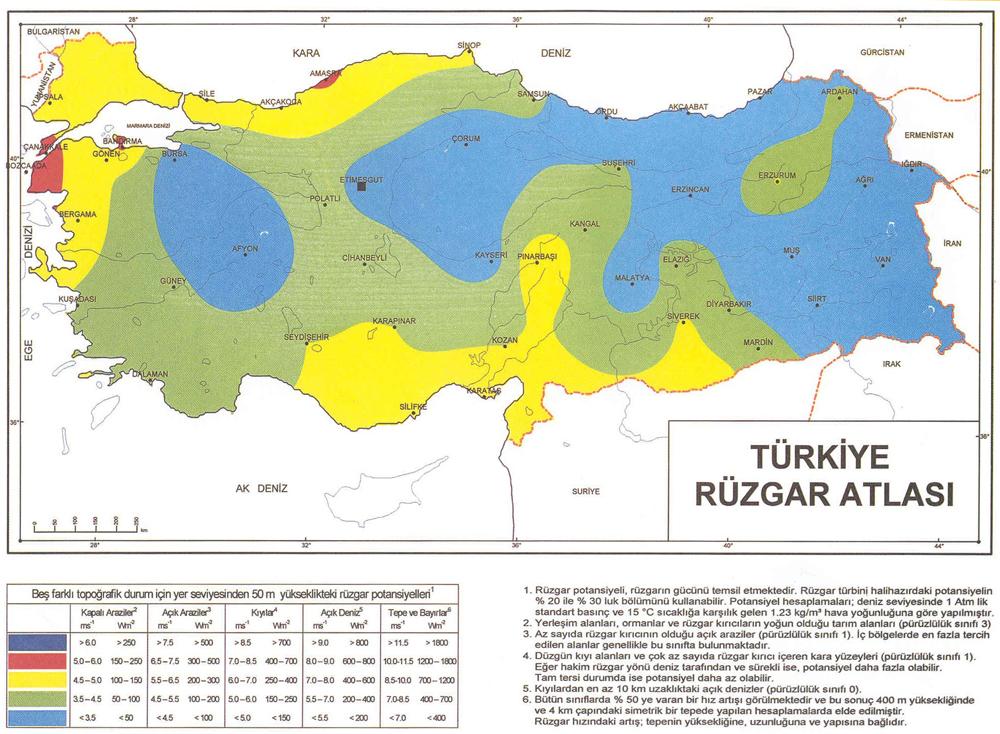 Şekil 6: Türkiye Rüzgar Atlası(2004) 111 Türkiye de 2005 yılı itibarıyla 20 MW rüzgâr kurulu gücü bulunmaktadır.