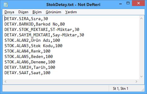 Sorgulama detayı ekranında görüntülenecek bilgi alanları, sırası, alanların genişliği, alanların başlığı kullanıcı tarafından belirlenebilmektedir. Detay ekranına ait bu belirlemeler StokDetay.