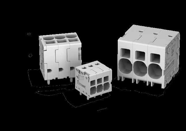 PCB Klemensi Push-in CAGE CLAMP 2624, 2626, 2636 Serisi WAGO nun yeni güç elektroniği ürün ailesi yüksüklü/yüksüksüz olarak 4/6 mm², 6/10 mm² ve 16/25 mm² iletken kesitlerinin bir alet ile yada tek