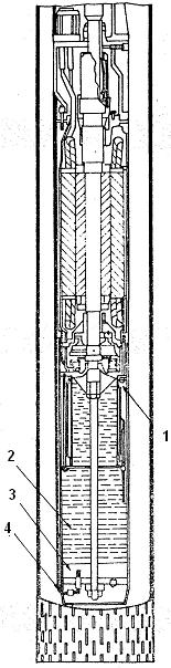 Şekil 4.52. Yaş motorlu dalgıç derin kuyu pompası (1. Motor, 2. Yağ odası, 3. Su, 4. Boru) (Anonim 1968) Yağ sürekli motordan dolaşarak soğutmayı yapar, motorun ısısını alır ve ısıyı suya iletir.