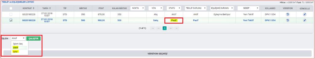 - STP Kullanıcı Kılavuzu 2.2.2. İşlem Teklif ve Eşleşmeler sayfasında İşlem bölümü kullanılarak Teklif Durumu değiştirilebilir. Aynı anda 1 den fazla teklif seçilerek işlem yapılabilir.