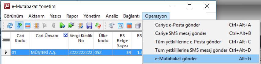 BSBA e-mutabakat gönder (371002) menüsünde parametreler ekranından mutabakat kriterleri belirlendikten