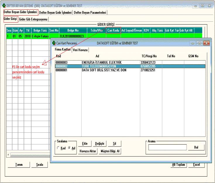 4-Cari Kodu sütununda F1 ile Cari Kart seçim penceresinde tanımlı Cari Kodu bilgisini seçiniz.