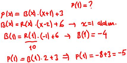 P(x) polinomunun x ile bölümünden kalan 1, P(x + 1) polinomunun katsayıları toplamı 1 dir. Buna göre, P(x) polinomunun x 5x + 6 ile bölümünden kalan nedir? 9.