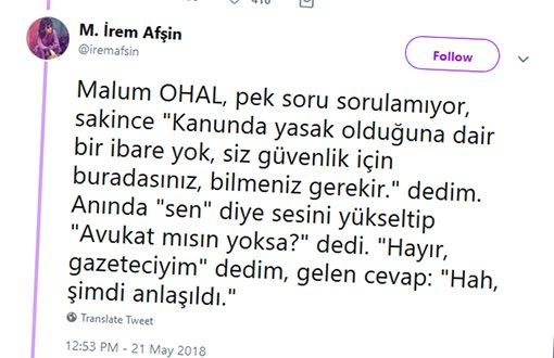 Polisten gazeteciye tehdit Gazeteci İrem Afşin, İstanbul da metro çıkışında kimlik kontrolü yapan polis memurları tarafından önce kıyafetin sakıncalı diye taciz edildiğini, ardından da Dikkat et