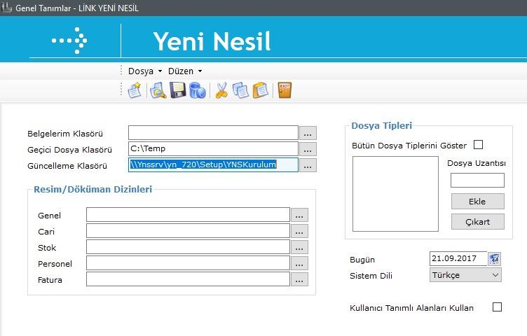 Güncelleme Klasörü Çok kullanıcılı ortamlarda güncellemelerin daha sağlıklı yapılabilmesi amacıyla Genel Tanımlar a Güncelleme Klasörü tanımı eklenmiştir.