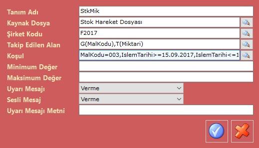 3) Koşul : MalKodu=003,IslemTarihi>=15.09.2017,IslemTarihi<=19.09.2017,GirenKodu=BMU Stok Hareket Dosyası ndan Mal Kodu 003, İşlem Tarihi 15.09.2017 ile 19.09.2017 arasında olup Kaydı Giren Kodu BMU olan kayıtları Mal Kodu alanına göre gruplayıp, Miktar ların toplamını getirir.