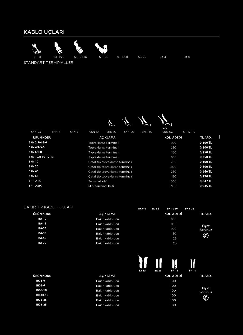 SF-1D TK Terminal kılıfı 300 0,047 TL SF-1D MK Mini terminal kılıfı 300 0,045 TL B A K IR T İP K A B L O U Ç L A R I BK-6-6 BK-8-6 BK-10-10 BK-6-35 ÜRÜN U AÇIKLAMA KOLİ ADEDİ TL / AD.