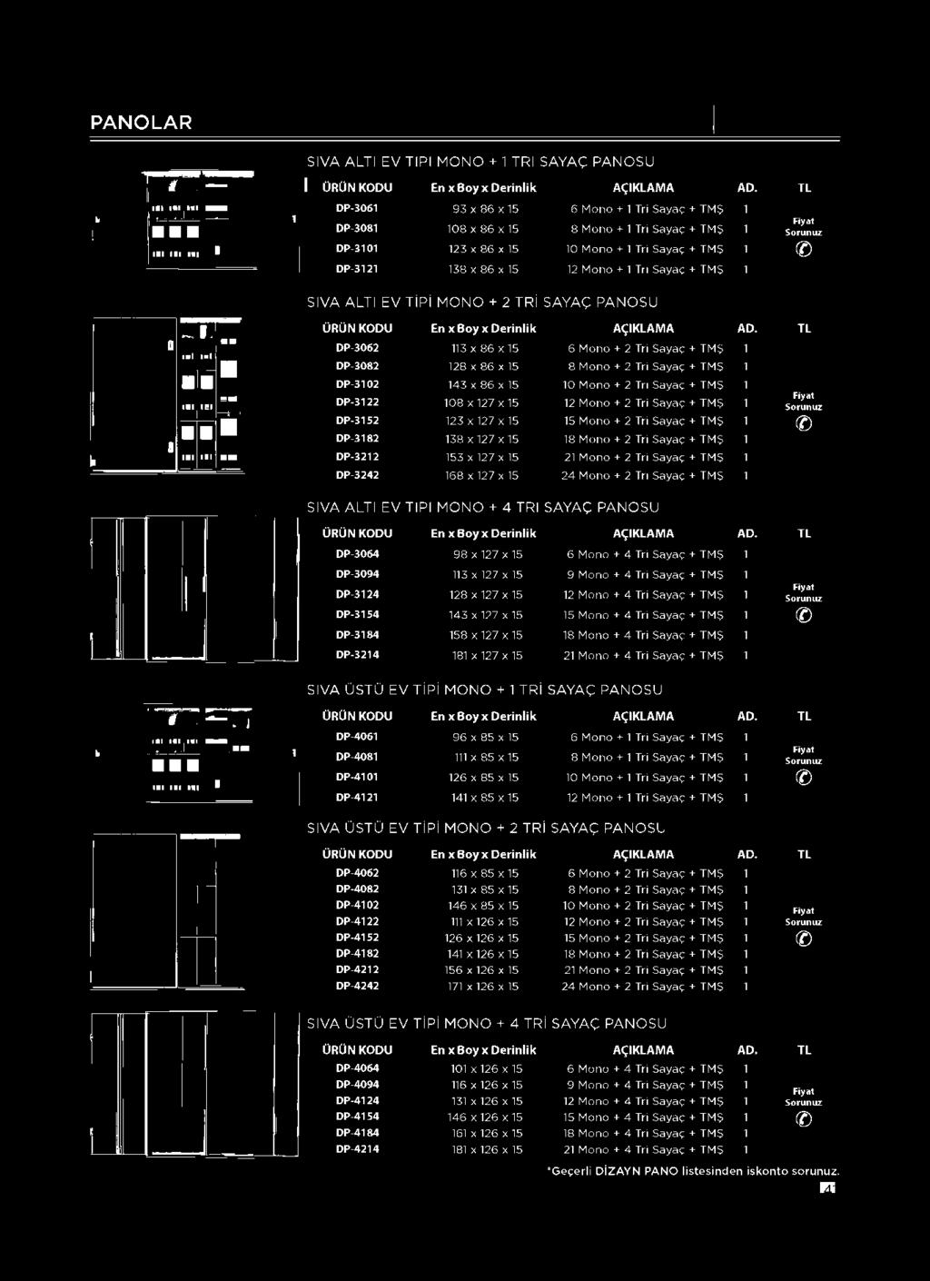 TMŞ 1 DP-3152 123 x 127 x 15 15 Mono + 2 Tr Sayaç + TMŞ 1 (D DP-3182 138 x 127 x 15 18 Mono + 2 Tr Sayaç + TMŞ 1 DP-3212 153 x 127 x 15 21 Mono + 2 Tr Sayaç + TMŞ 1 DP-3242 168 x 127 x 15 24 Mono + 2