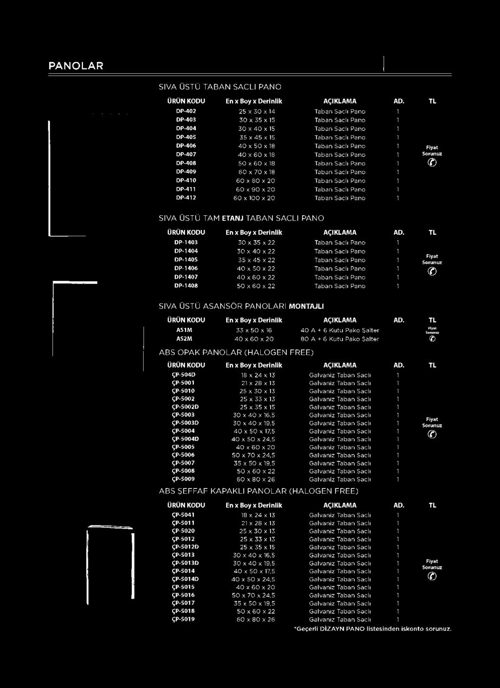 TL DP-1403 30 x 35 x 22 Taban Saclı Pano 1 DP-1404 30 x 40 x 22 Taban Saclı Pano 1 DP-1405 35 x 45 x 22 Taban Saclı Pano 1 DP-1406 40 x 50 x 22 Taban Saclı Pano 1 DP-1407 40 x 60 x 22 Taban Saclı