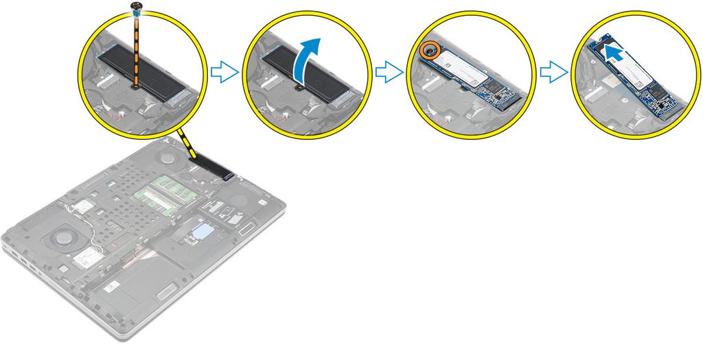 M. 2 SSD takma 1 M. 2 SSD'yi yuvasına yerleştirin. 2 M.2 SSD kartını bilgisayara sabitlemek için vidayı sıkın. 3 Koruyucuyu M. 2 SSD üzerine yerleştirin.