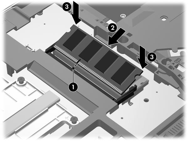 c. Bellek modülünün sol ve sağ kenarlarına basınç uygulayarak, bellek modülünü (3) klipsler yerine oturana kadar hafifçe bastırın.