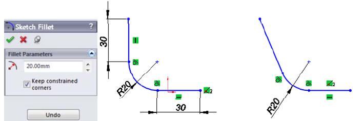 22-SKETCH FILLET 2 Boyutlu taslak objelerin köşelerine, açık veya kapalı durumda otomatik olarak teğet yay çizen bir komuttur. Ctrl tuşuna basılarak her iki obje seçilir.