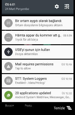 51 Yeni telefonunuzla ilk haftanız Bildirimler Bildirimler paneli Bildirim simgeleri sizi inmekte olan yeni dosyalar gibi devam eden etkinlikler, alarmlar, takvim etkinlikleri ve yeni mesajlar