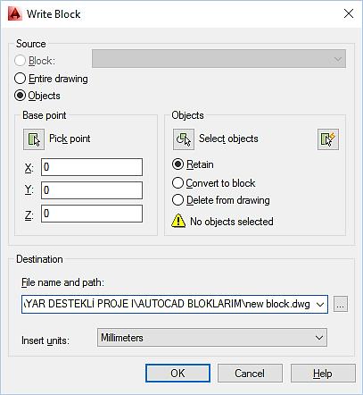 AutoCAD 2014 Kullanımı Block (Bloklama) Komutu Blokları Diske Kaydetmek Block komutuyla yapılan bloklar ancak o anda çalışılan çizim dosyasında kullanılır.
