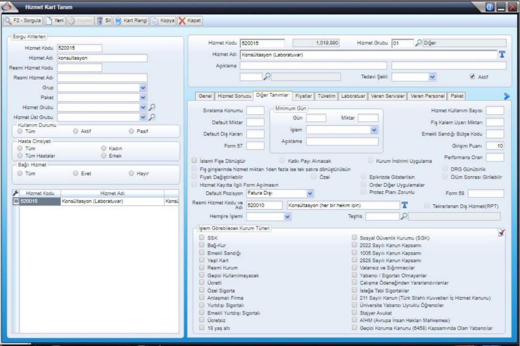 Sayfa No : 7 / 22 Görsel 4.1- Hizmet Kart Tanım 2.Menü den Servis Kart Tanımları yazılır ve gelen sonuçlardan Servis Kart tanımları ekranı aç
